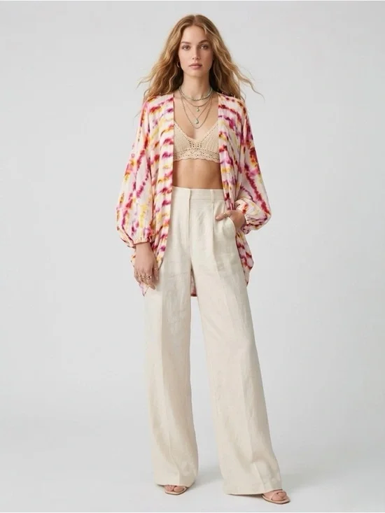 Anthropologie Pink Yellow Tie Dye Kimono Boho Festival Vacation Top OS - Picture 8 of 12